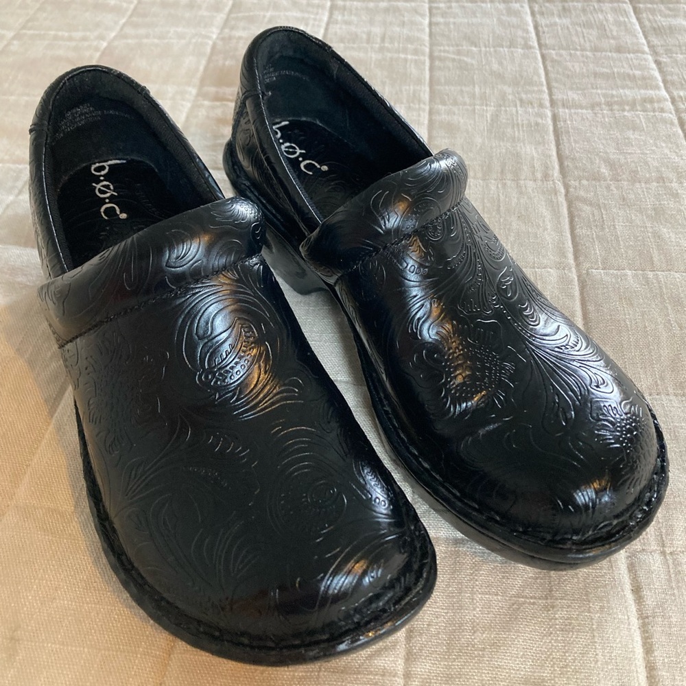BOC Peggy Tooled Paisley Black Clogs, Size 7